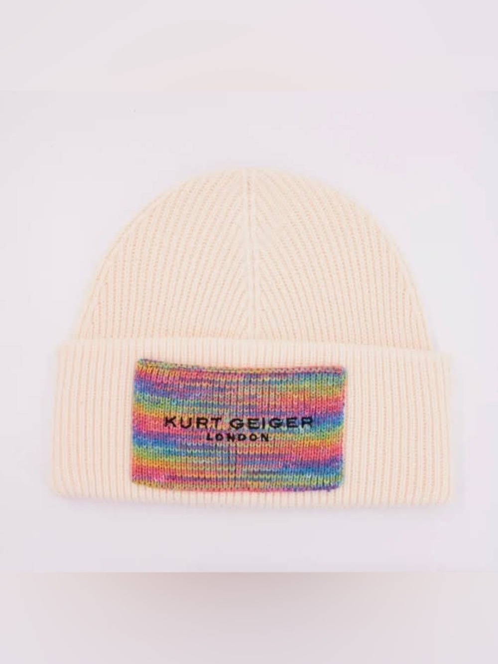 NWOT Kurt Geiger Kids Cream Beanie with Rainbow Logo Patch